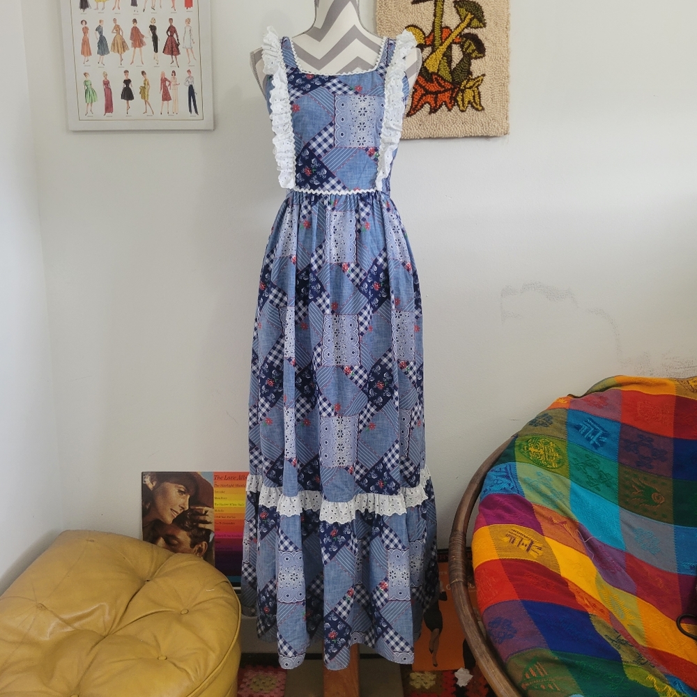Lounge Craft | 70s Vintage Americana Patchwork Tie Waist Maxi Dress